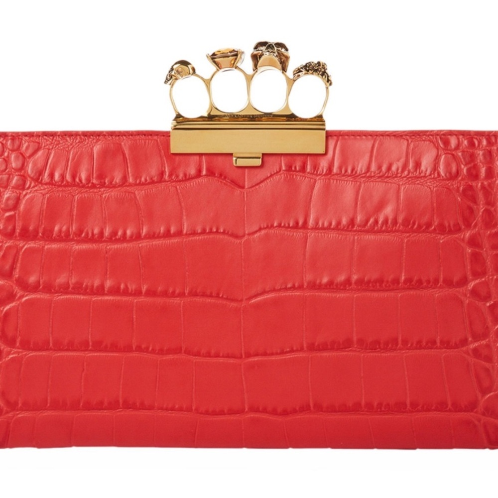 Alwxander McQueen four ring clutch red croc embossed leather